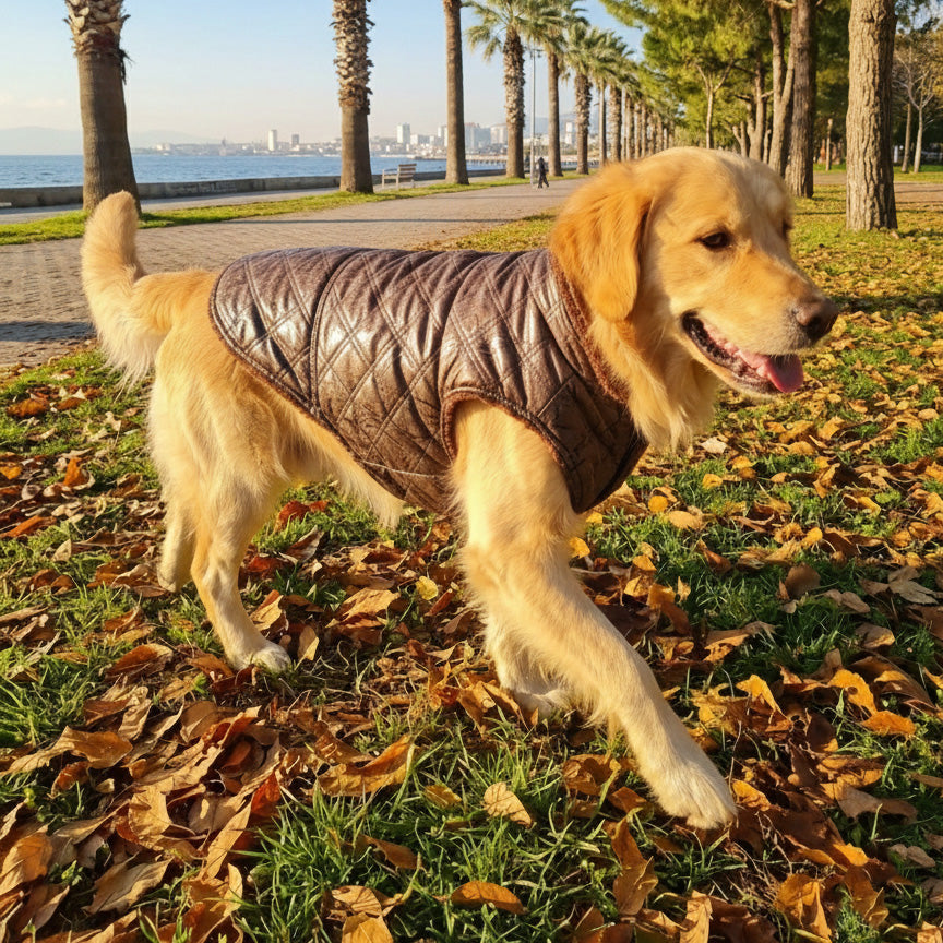 Vintage Bronze Kapitone & Kahve Peluş Köpek Yeleği (D-Halkalı)