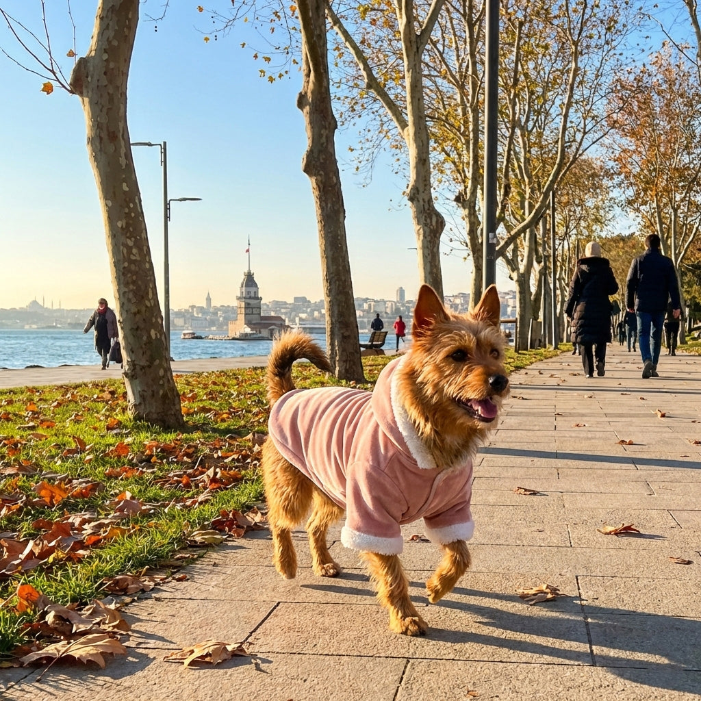 Soft Peony Pembe Kadife & Beyaz Kürk Detaylı Kapüşonlu Parka
