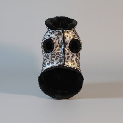 "Silver Safari" Gümüş Leopar Desenli & Siyah Peluş Köpek Yeleği