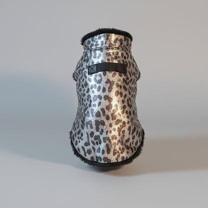 "Silver Safari" Gümüş Leopar Desenli & Siyah Peluş Köpek Yeleği