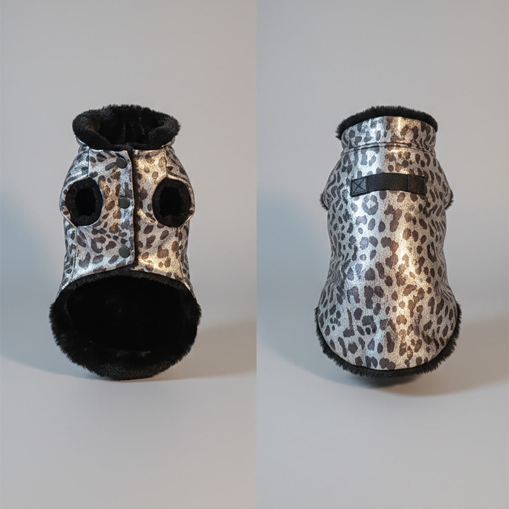 "Silver Safari" Gümüş Leopar Desenli & Siyah Peluş Köpek Yeleği