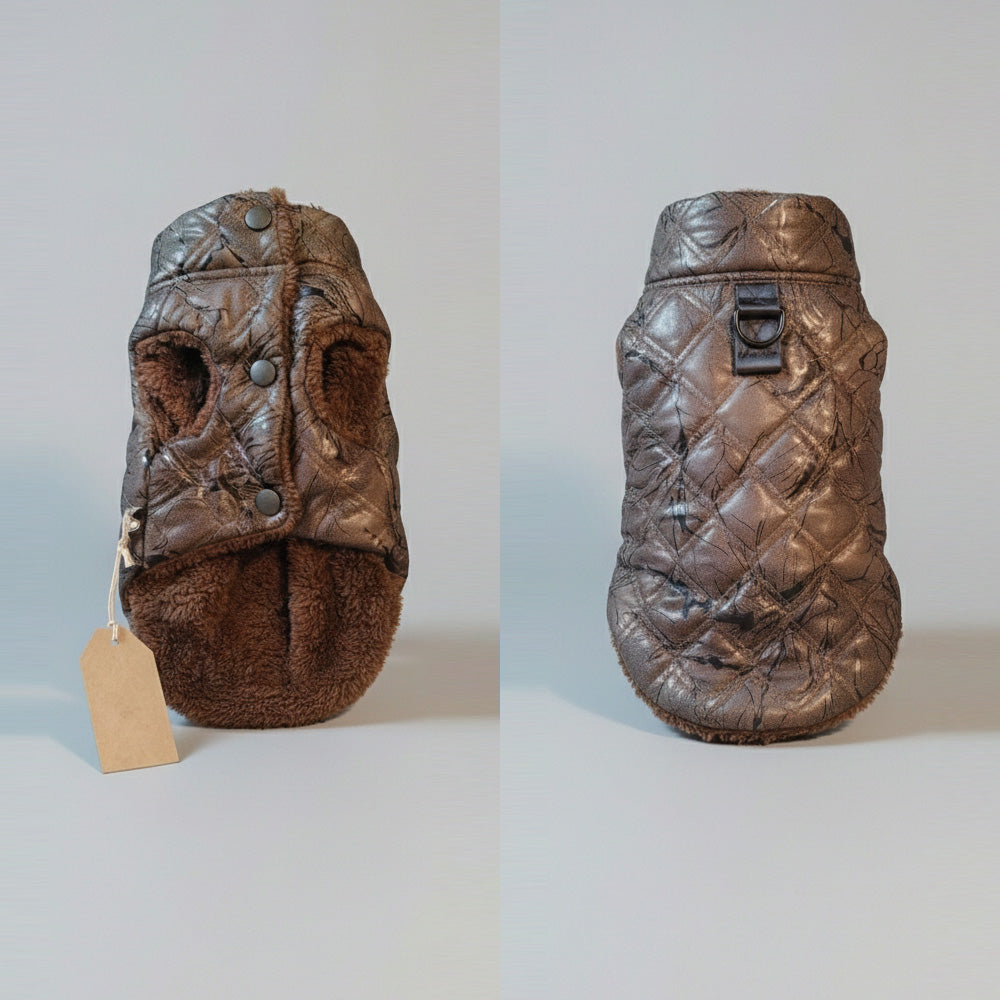 Vintage Bronze Kapitone & Kahve Peluş Köpek Yeleği (D-Halkalı)