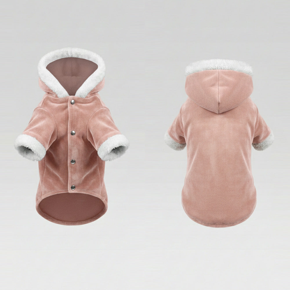 Soft Peony Pembe Kadife & Beyaz Kürk Detaylı Kapüşonlu Parka