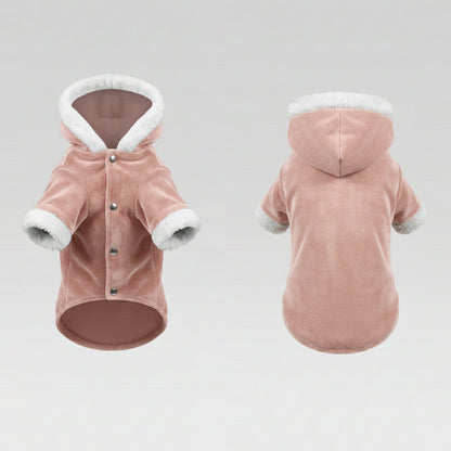 Soft Peony Pembe Kadife & Beyaz Kürk Detaylı Kapüşonlu Parka