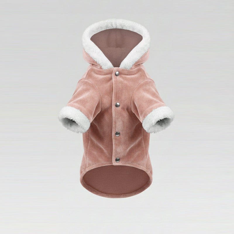 Soft Peony Pembe Kadife & Beyaz Kürk Detaylı Kapüşonlu Parka