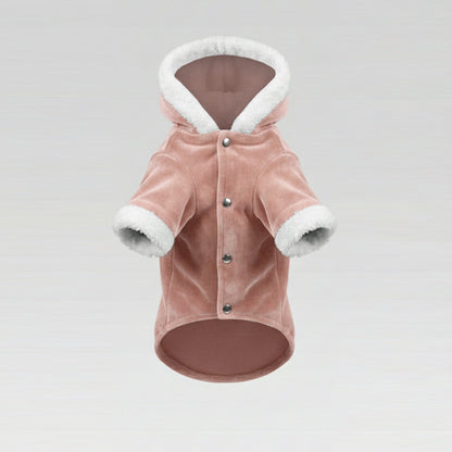 Soft Peony Pembe Kadife & Beyaz Kürk Detaylı Kapüşonlu Parka