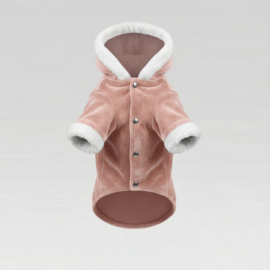 Soft Peony Pembe Kadife & Beyaz Kürk Detaylı Kapüşonlu Parka