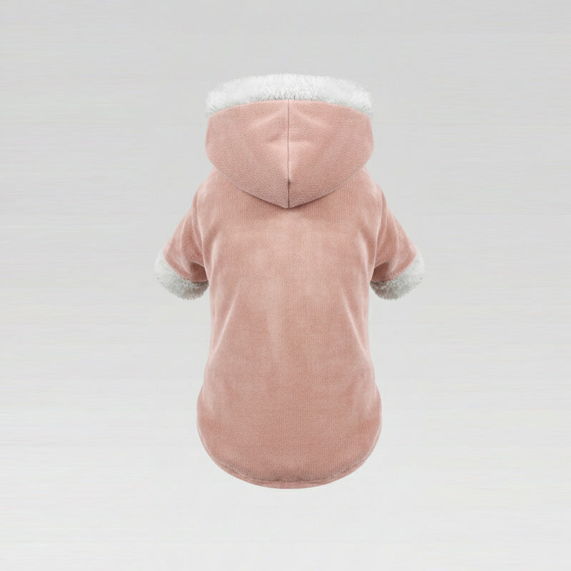 Soft Peony Pembe Kadife & Beyaz Kürk Detaylı Kapüşonlu Parka