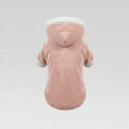 Soft Peony Pembe Kadife & Beyaz Kürk Detaylı Kapüşonlu Parka