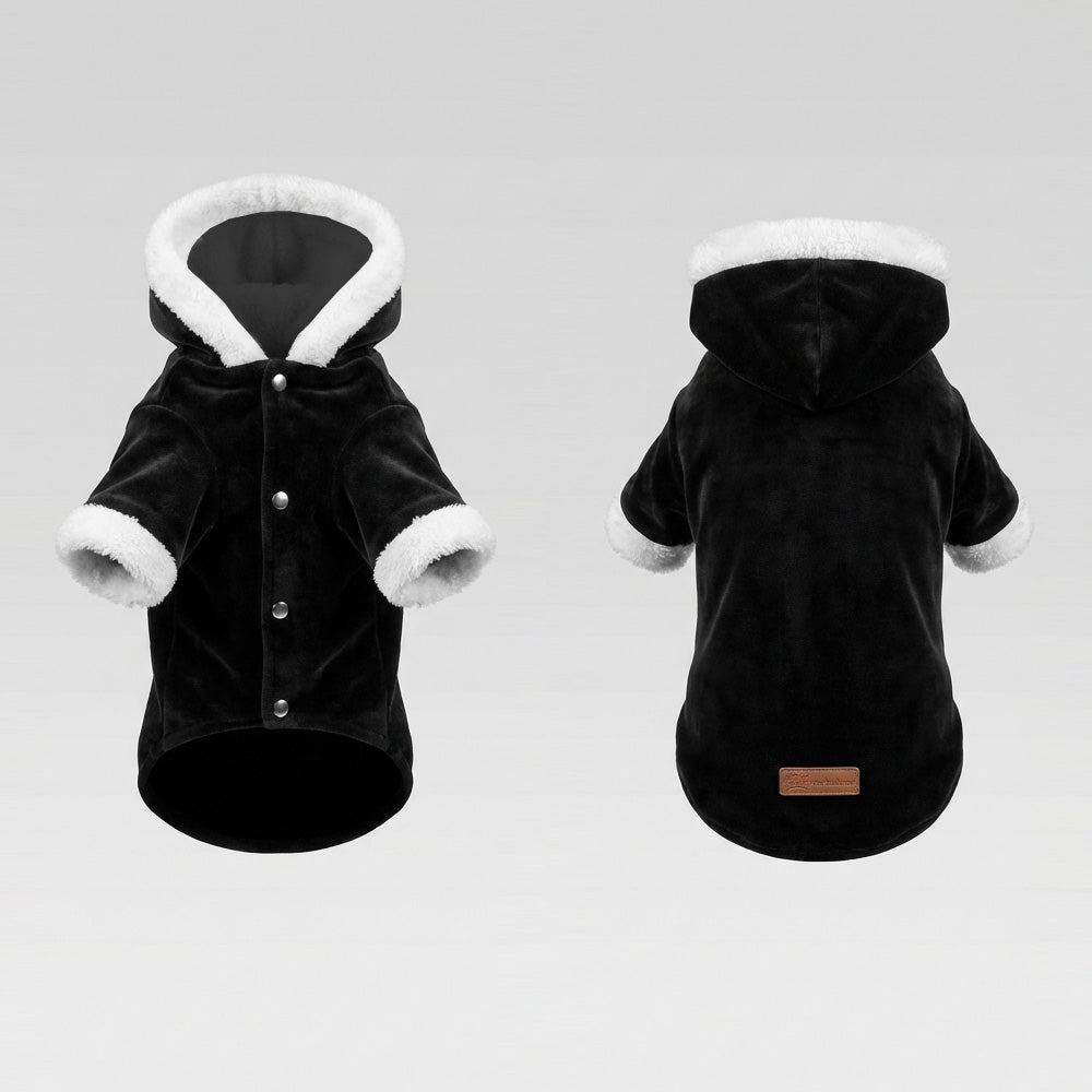 Soft Peony Siyah Kadife & Beyaz Kürk Detaylı Kapüşonlu Parka