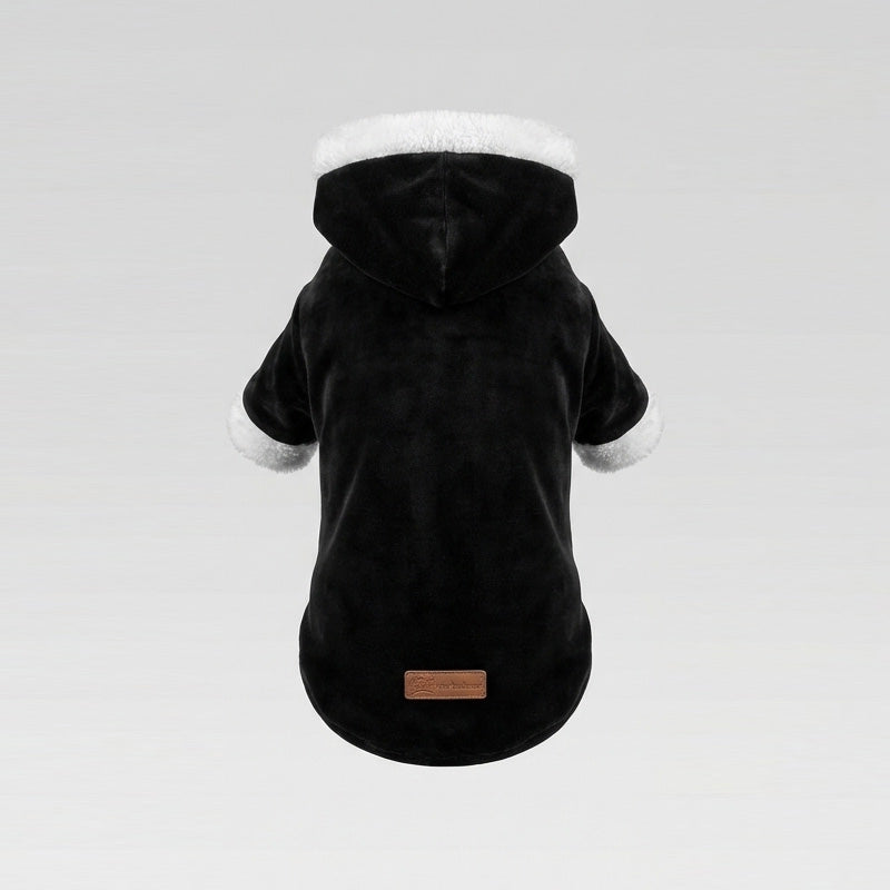 Soft Peony Siyah Kadife & Beyaz Kürk Detaylı Kapüşonlu Parka